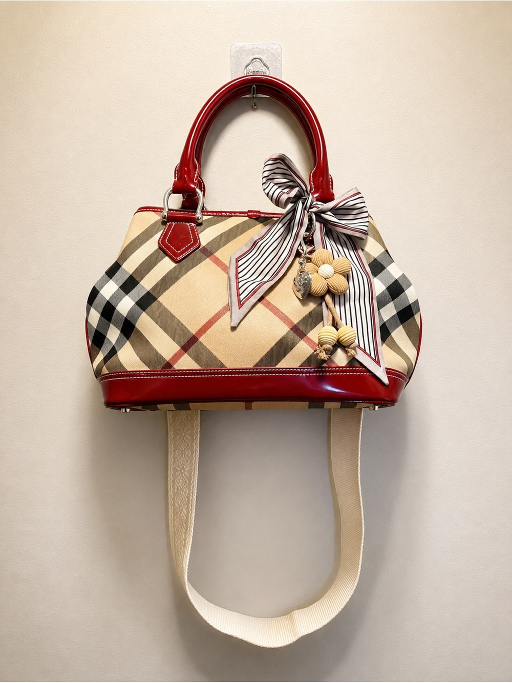 Vintage Burberry Nova Check Red Patent Satchel Y2K + Dust Bag Tags Strap Charms - Picture 1 of 15